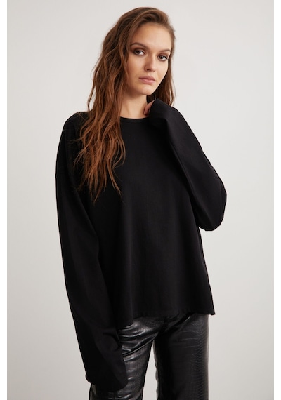 Grımelange Basıl Kadın %100 Pamuk Bisiklet Yaka Oversize Fit Uzun Kollu Siyah T-shirt
