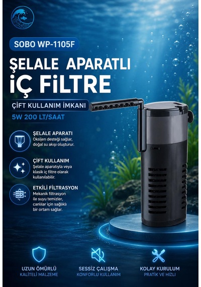 Sobo Wp-1105f Şelale Aparatlı İç Filtre - Çift Kullanım İmkanı - 5w 200 Lt/saat