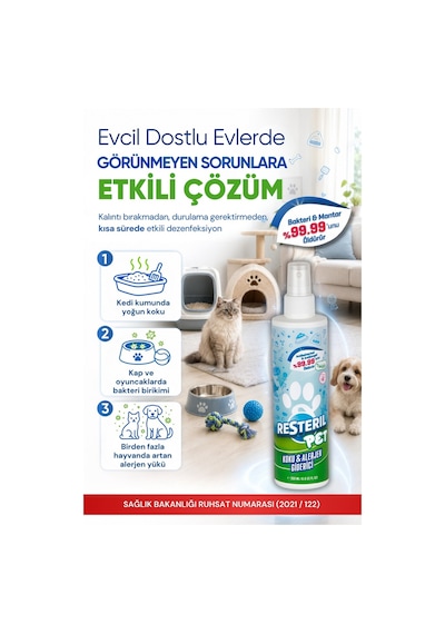 Resteril Parfümsüz Kedi Kumu Tuvaleti Koku  Evcil Hayvan Hijyen Spreyi 200 ML