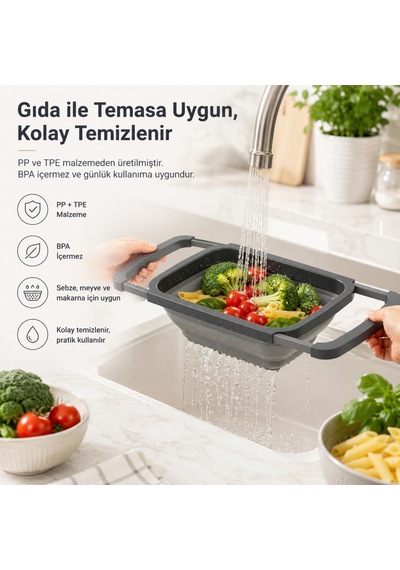 Ayarlanabilir Katlanır Lavabo Süzgeci, 6,3 Litre, Plastik Ve Silikon, Aç Kapa Mutfak İçin Tezgah Üstü Pratik Sürgülü Süzgeç, Gıda İle Temasa Uygun, Bpa İçermez Çok Renkli