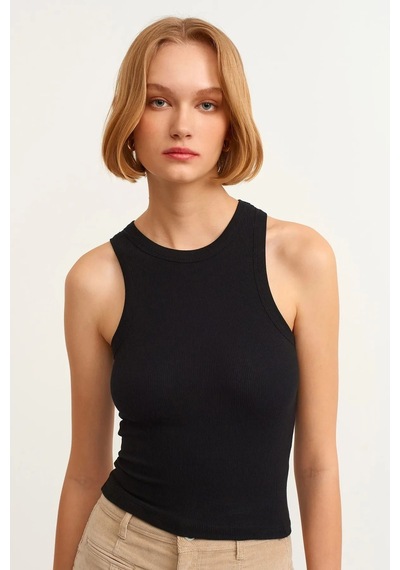 Refox Kadın Siyah Fitilli T-shirt Halter Yaka Örme Atlet , Sporcu Atlet