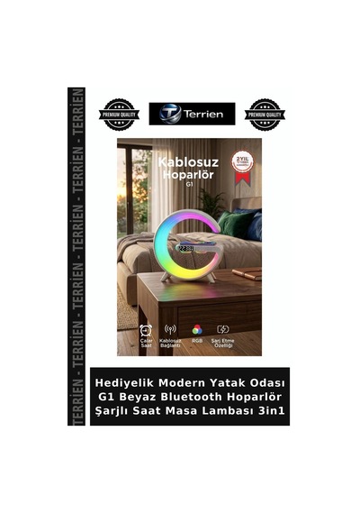 Hediyelik Modern Yatak Odası G1 Beyaz Bluetooth Hoparlör Şarjlı Saat Masa Lambası 3in1