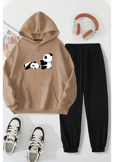 Uyguntarz Unisex Uykucu Panda Baskılı Rahat Eşofman Takımı Bej