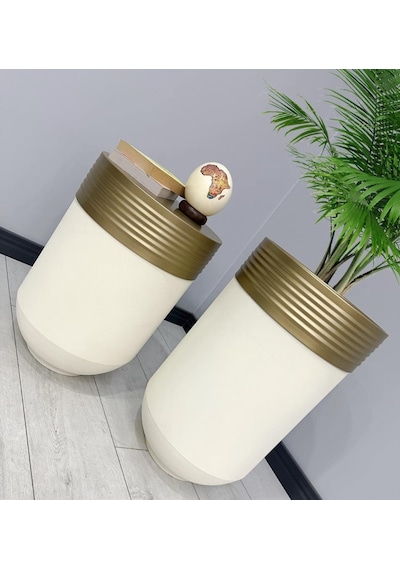 Elegant Dekoratif Eskitme Darbuka Krem Saksı 70cm + Sehpa 60cm İkili Set