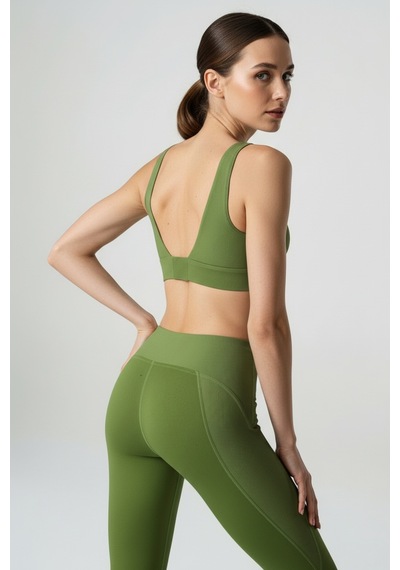 Yüksek Bel Toparlayıcı Tayt & V Sırt Destekli Spor Sütyeni - Sculpt Set Yeşil