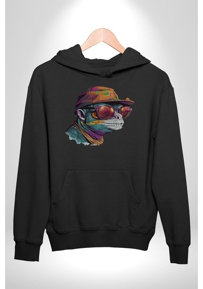 Gözlük Şapka Mukalemun Kadın Erkek Siyah Kapüşonlu Sweatshirt Hoodie Siyah