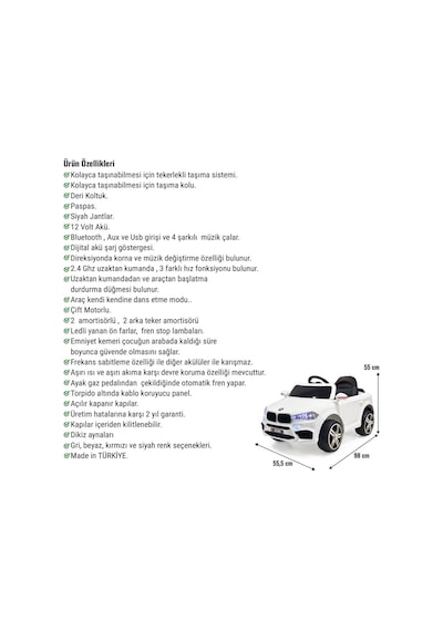 Blade Gt 12v Uzaktan Kumandalı Bluetooth Ve Usb Destekli Led Farlı Emniyet Kemerli Çocuk Akülü Araba Beyaz