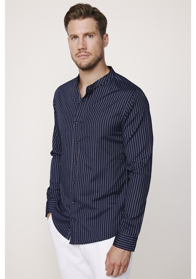 Tudors Slim Fit Hakim Yaka Pamuklu Kolay Ütü Çizgili Lacivert Erkek Gömlek-27734-lacivert Lacivert