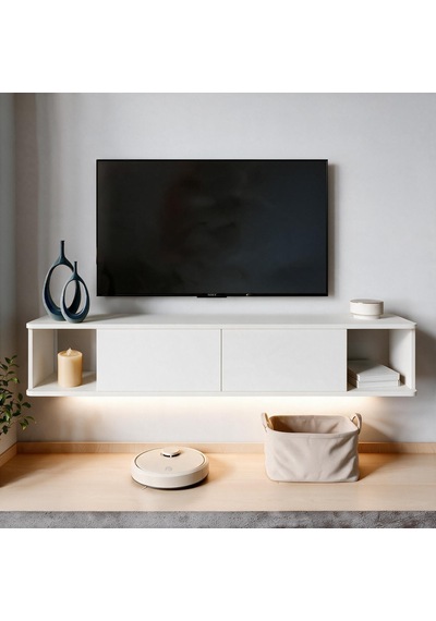 İnarch Dizayn Twist Led Işıklı Duvara Monte Tv Sehpası - 2 Kapaklı Beyaz
