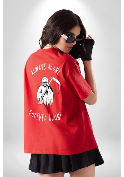 Her Zaman Yalnız Daima Yalnızlık Azrail Kırmızı Oversize Unisex Ön Ve Sırt Baskılı Tişört Kırmızı