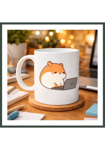 Bezos Laptoplu Hamster Desenli Porselen Kupa Model 112 Sevimli Çalışkan Hamster Tasarımlı Kahve Kupası , Ofis & Ev İçin Tatlı Hediye Nhr Çok Renkli