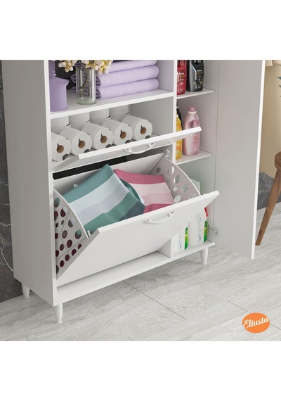 Sepetli Ve Kapaklı Dolaplı Banyo Dolabı Beyaz