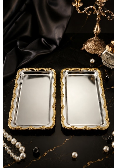 Jasper Nova Gold 2'li Paslanmaz Çelik Gold Çerçeve Kahve Sunum Tepsisi Baton 33x17 Cm Gri - Altın