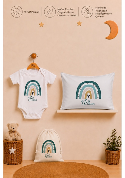 Pia Baby İsimli Erkek Bebek Hediye Seti %100 Pamuk Organik Baskılı Body Yastık Kılıfı Ve Ham Bez Bebek Kıyafet Kesesi 1095byk6x Ekru