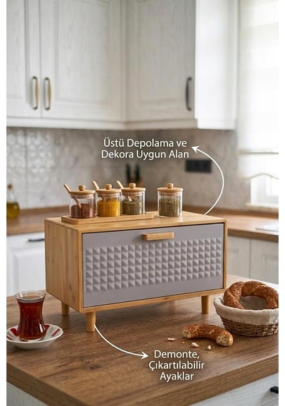 Bambu Gövdeli Gri Pane Ekmek Dolabı 36x23x24 Cm - Demonte Ayaklı Tezgah Üstü Ekmeklik