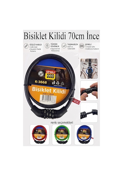 Şifreli Bisiklet Kilidi 70 Cm İnce 1 Adet K-3668 Çelik Halat Plastik Kaplamalı Bisiklet Kiliti Scooter Kapı Şifreli Siyah