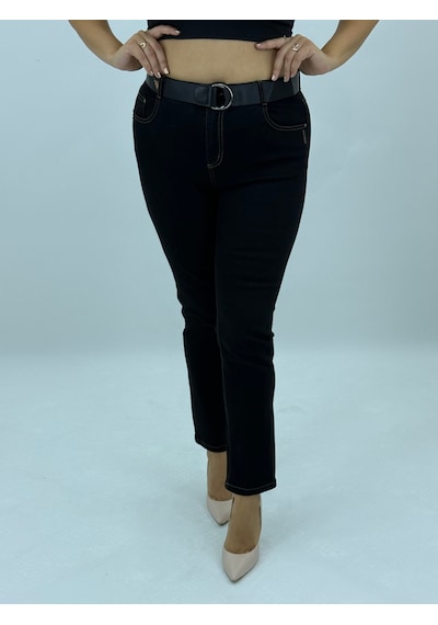 Büyük Beden Toparlayıcı Yüksek Bel Kemerli Dar Paça Denim Örme Kumaş Kadın Pantolon Siyah