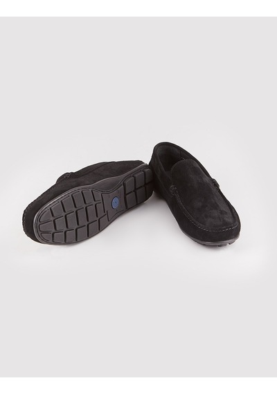Cabani Hakiki Deri Siyah Bağcıksız Süet Erkek Loafer Ayakkabı Siyah