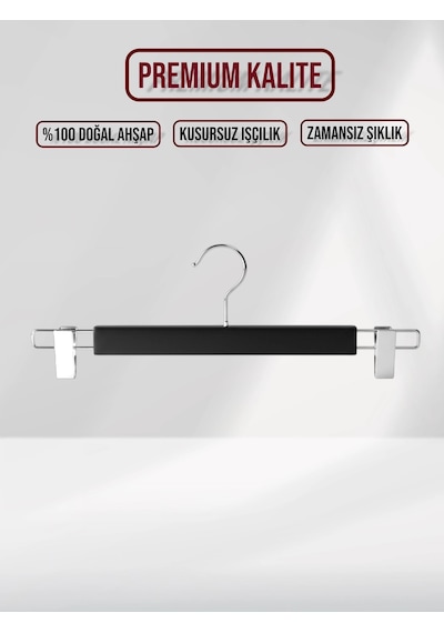 Siyah Ahşap Pantolon Etek Askısı Gümüş Kancalı 10 Adet Siyah