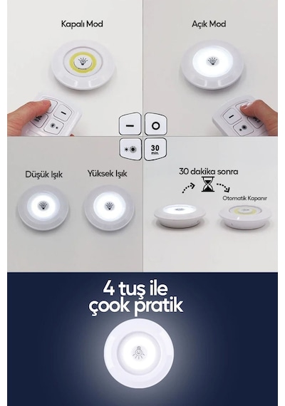 Uzaktan Kumandalı Yapışkanlı Kablosuz Pilli Led 3'lü Spot Lamba Beyaz