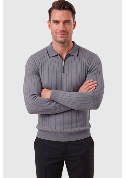 Deepsea Erkek Slim Fit Tüylenmeyen Çizgi Dokulu Füme Triko Kazak Fermuarlı Polo Yaka 2700401 Deepsea Erkek Slim Fit Tüylenmeyen Çizgi Dokulu Füme Triko Kazak Fermuarlı Polo Yaka 2700401