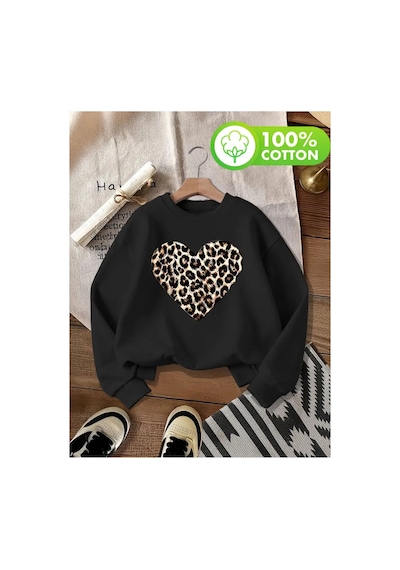 Herkesemoda Leopar Kalp Desen Detaylı Bisiklet Yaka İçi Polarlı Sweatshirt Siyah