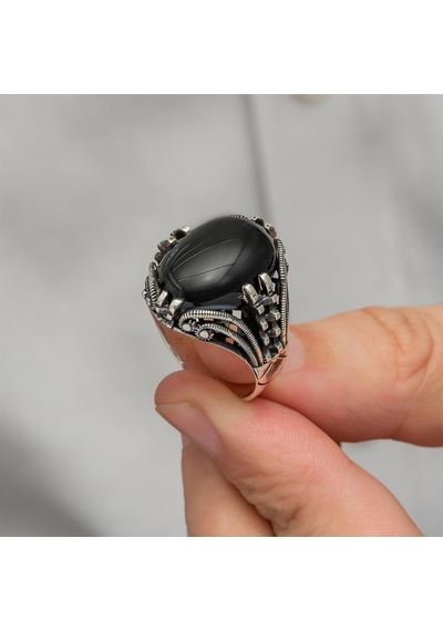 Siyah Oniks Taşlı Oval 925 Gümüş Erkek Yüzük Beyaz