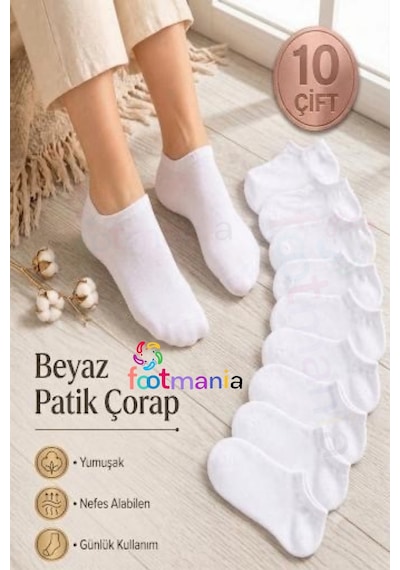 Footmania 10'lu Beyaz Kısa Patik Bilek Çorap Pamuklu Extra Soft