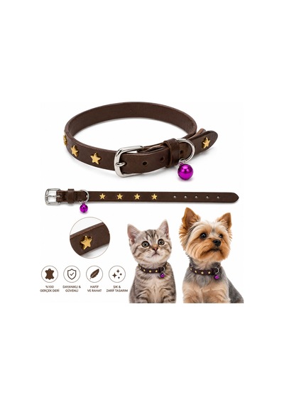 Gerçek Deri Kedi Ve Küçük Irk Köpek Tasması Yıldız Detaylı Zilli - Kahverengi