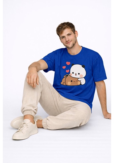Sevimli Panda Baskılı Sevgili Kombini Çift Tişört Oversize Unisex Lacivert