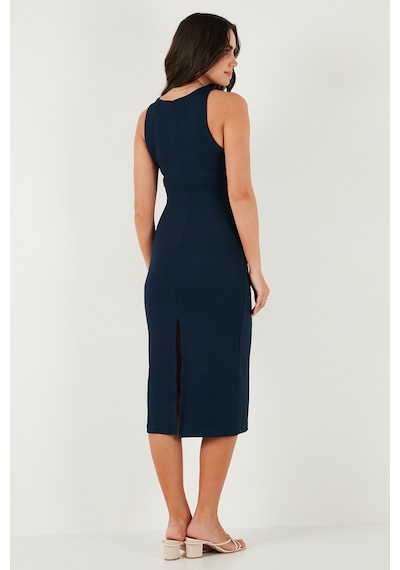 Lela Fitilli Slim Fit Bisiklet Yaka Yırtmaçlı Midi Boy Bayan Elbise 5866101 Lacivert