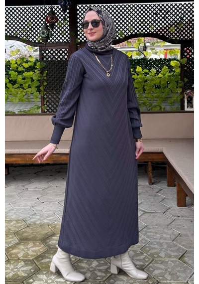 Rabia Şamlı Yağmur Triko Elbise Antrasit Normal