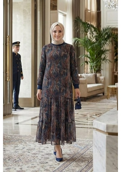 Hb Harma Time Butik Kadın Astarlı Şal Desen Lacivert Şifon Elbise