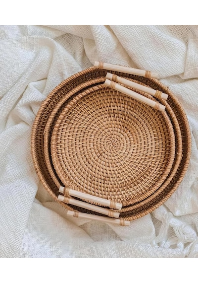 Rattan Kulplu Yuvarlak Tepsi Organizer & Dekoratif Mutfak, Banyo Ve Makyaj Sunum Tepsisi