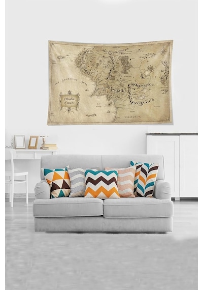 Pelangi Bej Middle Earth Orta Dünya Haritası Leke Tutmaz Kadife Kumaş Duvar Örtüsü Duvar Halısı Tapestry Ywll389 Çok Renkli