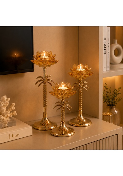 Palmiye Desenli Gold Cam Lotus Şamdan 3 Boy Dekoratif Mumluk Amber - Gold