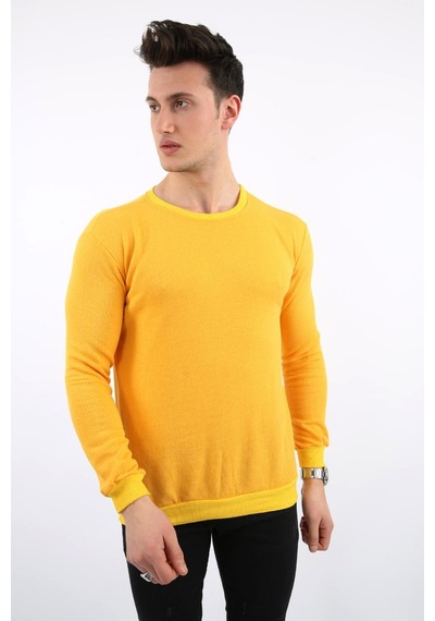 Modish İki İplik Düz Sıfır Yaka Erkek Günlük Sweatshirt Sarı