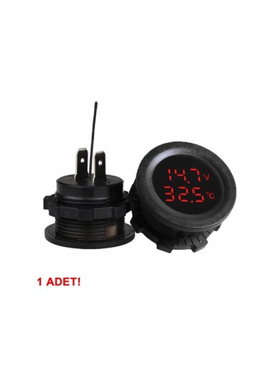 Devremarkt Yuvarlak Voltmetre Termometre 12v 24v Panel Tip Montaj Dijital Kırmızı Renk Led Sıcaklık Isı Voltaj