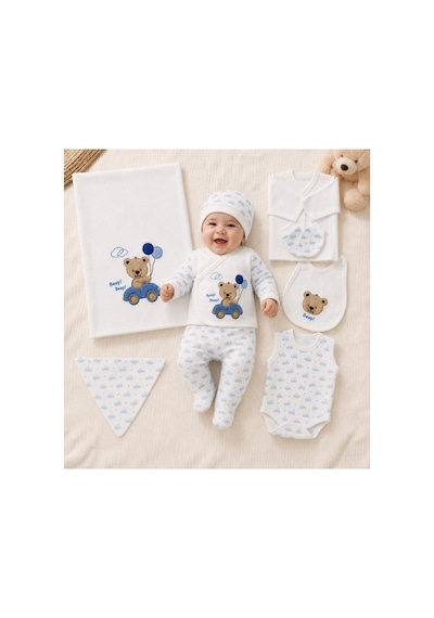 Petino Erkek Bebek Hastane Çıkışı 10 Lu Set Arabalı Ayıcık Nakışlı Mavi Lacivert