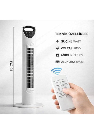 Smayling Kule Tipi Vantilatör, Uzaktan Kumandalı, 3 Kademeli Hız Ayarı, 7.5 Saat Zamanlayıcı, Salınımlı Sessiz