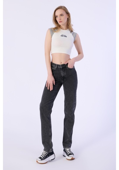 Straight Mıd Waıst Düz Denim Pantolon Kadın-antrasit Antrasit