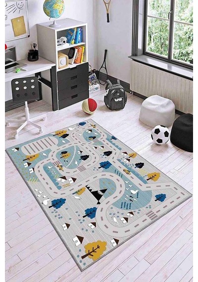 Gri Kaymaz Tabanlı Otoyollu Oyun Halısı Çocuk Halısı Kd054n11