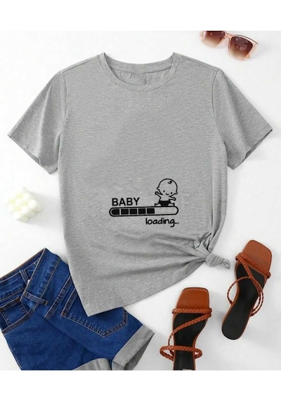 Kozia Outdoors Malkoçbey Kadın Baby Loading. Baskılı Oversize Basic T-shirt Gri