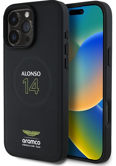 Apple Uyumlu iPhone 16 Pro Max Kılıf Aston Martin Lisanslı Magsafe Pu Deri Alonso 14 Baskılı Kapak Siyah