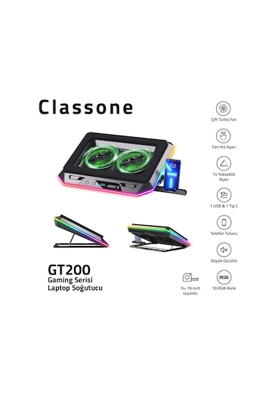 Classone Gaming GT200 10 RGB 15.6 -17'' Type C 2 Fanlı Laptop Soğutucu Stand