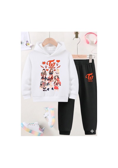 Stil X Twıce Baskılı Sweatshırt Takım / K Pop Beyaz-2