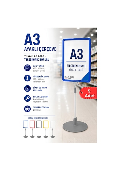 5 Adet - A3 Ayaklı Çerçeve Seti Yuvarlak Tabanlı Teleskopik Fiyat Etiketi Standı Mavi