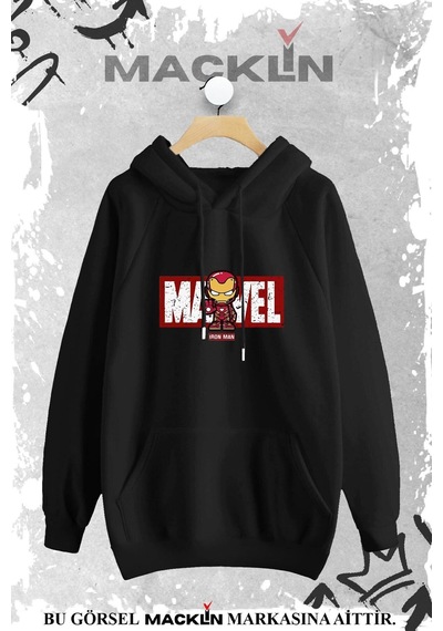 Macklin Unisex Kadın Erkek Marvel Ironman Demir Adam Özel Tasarım Baskılı Kapşonlu Sweatshirt Siyah Mck1068 Siyah