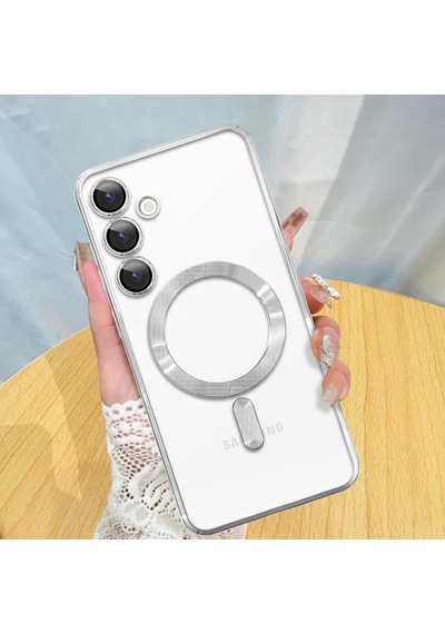 Samsung Galaxy S25 İçin Magsafe İle Uyumlu Kılıf Kamera Lensli Korumalı Şeffaf Silikon Kapak Gümüş