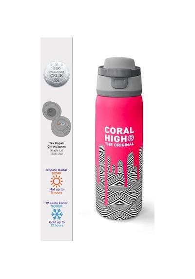 Coral High Kids Pembe Siyah Beyaz Desenli Pipetli Ve Direkt İçim Çelik Termos 800 Ml 38539 Çok Renkli